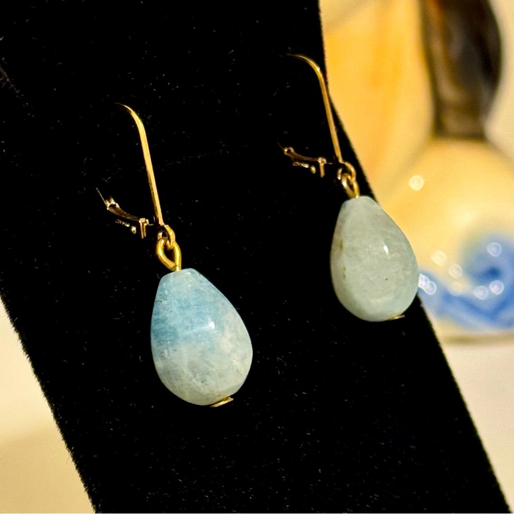 Blue Chalcedony and Gold Leaver Back Drop Dangle Earrings Natural Stones
